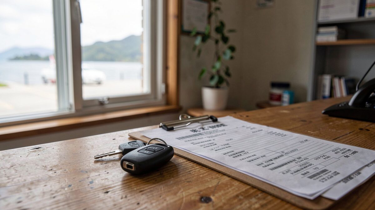 A hire car key on a wooden counter at a small island airport, with a clipboard and a fuel receipt beside it, morning light through a terminal window.