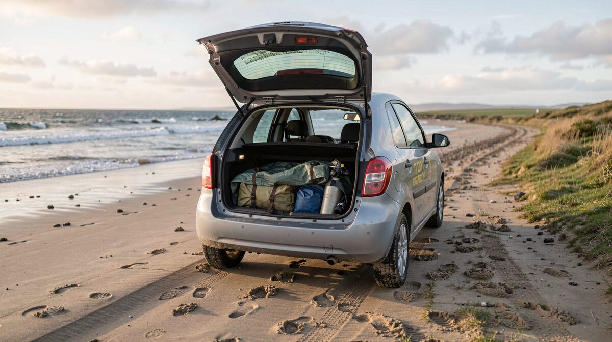 The open boot of a small hire car parked on a Hebridean beach track, a folded tarp on the boot floor, two dry bags and a dive cylinder, wet sand on the ground, low afternoon light from the side.