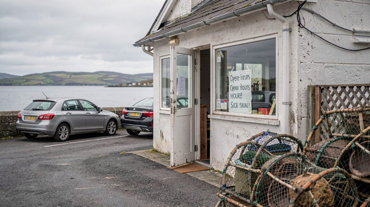A small harbour canteen on a Hebridean pier at midday, its door propped open, a handwritten opening-hours card taped to the glass, two parked cars and a stack of creels in the foreground, flat grey light off the water.